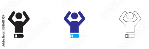 Low Battery Tired Person Icon. Simple vector illustration of three seated figures at desks with lightning symbols, representing stress, discomfort, and posture differences in a minimal style.