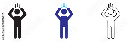 Low Battery Tired Person Icon. Simple vector illustration of three seated figures at desks with lightning symbols, representing stress, discomfort, and posture differences in a minimal style.