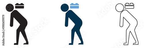 Low Battery Tired Person Icon. Simple vector illustration of three seated figures at desks with lightning symbols, representing stress, discomfort, and posture differences in a minimal style.