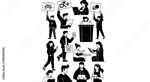 Set of diverse people engaged in various social and professional activities.