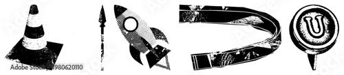 Retro styled vector rendered in halftone, including traffic cone, spear,, magnet, and U shaped pin, all with gritty texture and stark black and white contrast.