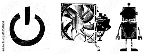 Three tech symbols power, PC cooling fan, robot figure, all in gritty black and white vector style with distressed texture, isolated elements for UI or digital design.