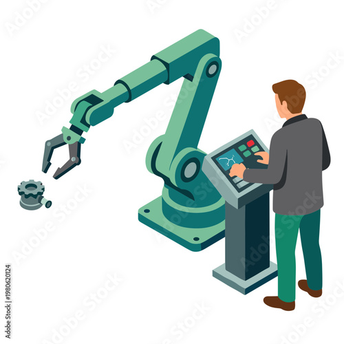 A man operates a robotic arm in an industrial setting with technology.