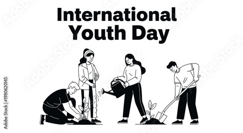 Group of young people planting trees for International Youth Day celebration.