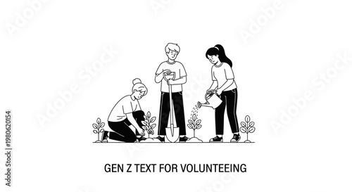 Group of young people planting trees and gardening together.