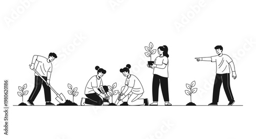 Group of volunteers planting young tree saplings together in a line.