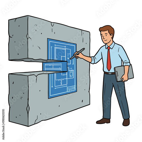 Man in business attire presenting blueprints on a broken concrete block.