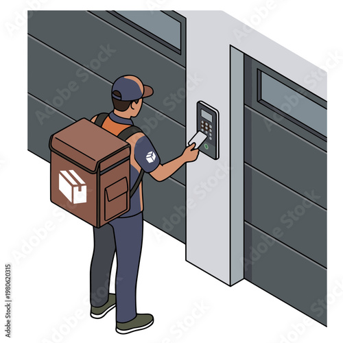 Delivery man using keypad on gray garage door with package bag