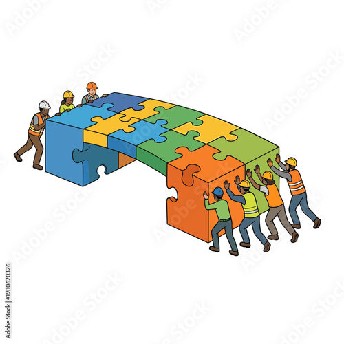 Workers collaborate to assemble large colorful puzzle pieces outdoors