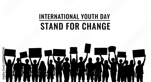 Silhouette of a diverse group of young people protesting with signs for International Youth Day.