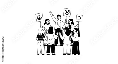 Group of diverse people protesting with signs for peace and equality.