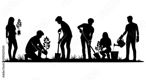Group of volunteers planting trees together in silhouette.