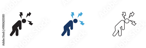 Low Battery Tired Person Icon. Simple vector illustration of three seated figures at desks with lightning symbols, representing stress, discomfort, and posture differences in a minimal style.