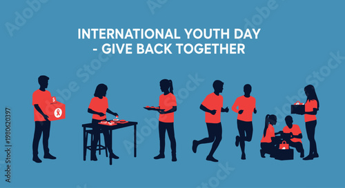 International Youth Day volunteer group silhouettes illustration.
