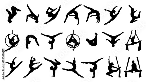Gymnastics silhouette collection, 21 acrobatic athlete icons, aerial yoga and circus performer vector set, rhythmic gymnastics and dance poses