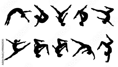 Gymnastics silhouettes set of 10 vector elements, female gymnast performing acrobatic flips and jumps, athletic woman in dynamic poses