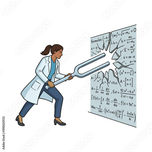 Scientist uses tuning fork to alter equations on chalkboard in laboratory setting.
