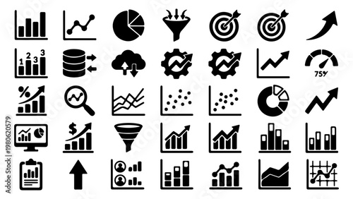 Data analytics icon set, 42 black business chart and graph vector symbols, financial growth and marketing statistics infographics for dashboard design