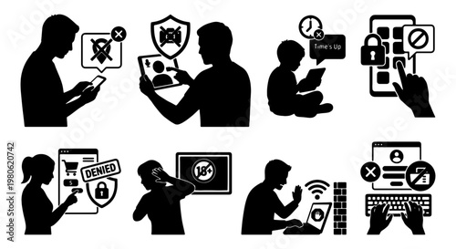 Parental control and internet safety icons, set of 8 black silhouettes, digital security and screen time management symbols for mobile devices