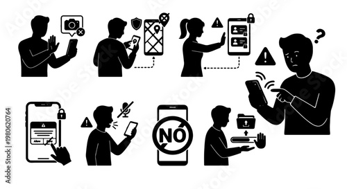 Digital privacy and mobile security icons set, black silhouette people using smartphones with data protection symbols, cybersecurity and online safety vector