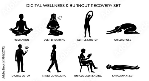 Digital wellness and burnout recovery set, 8 black silhouette icons for mental health and stress relief, meditation and yoga poses vector collection