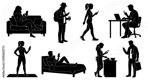 People using smartphones and laptops silhouettes, diverse characters with mobile devices vector set, men and women using technology in daily life