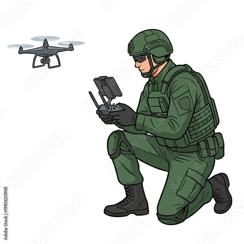 Soldier operates drone controller outdoors with vehicle nearby