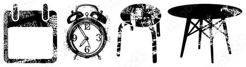 Retro distressed calendar, analog alarm clock, vintage chair, modern table with textured grainy effect.