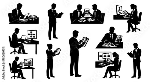 Professional business people silhouettes set, corporate office workers at desks and meetings, black and white vector collection of employees