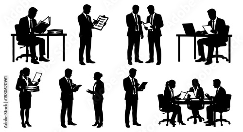 Professional business people silhouettes set, corporate office workers in suits, team meeting and executive management vector collection