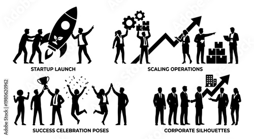 Business startup launch and scaling operations silhouettes, corporate success celebration poses, professional team growth and development vector set