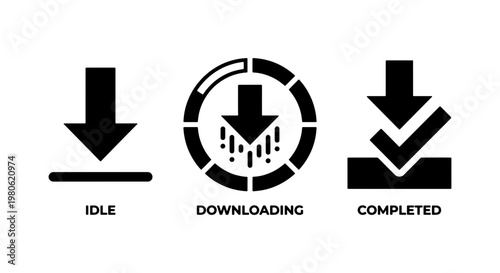 Download status icon set with idle, downloading, and completed states. Black vector symbols for file transfer progress and software installation UI.
