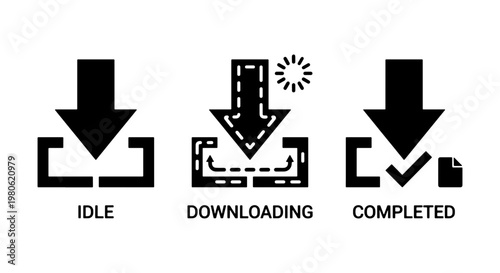 Minimalist download progress icons, black vector arrow symbols for idle downloading and completed states, functional UI design elements