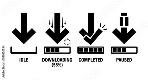 Minimalist download progress icons set, black vector arrows showing idle downloading 55 percent completed and paused status, interface loading symbols