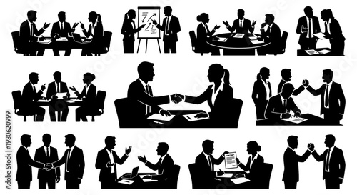 Professional business people silhouettes set, corporate meeting and handshake icons, office teamwork and partnership vector collection