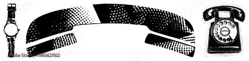 Retro rotary telephone with dial, wristwatch with strap, halftone, vector art, classic communication devices, analog tech.