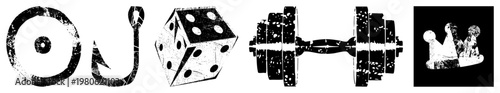 Distressed black including target, fishing hook, die, dumbbell, crown. Vector symbols with gritty texture, isolated elements for design use.