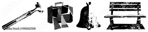 Classic safety razor, geometric abstract box, church bell, park bench all rendered as bold black vector with halftone texture and distressed effect. Vector graphic set for design use.