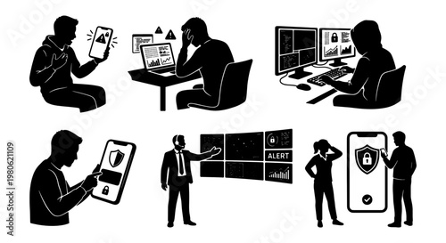 Cybersecurity silhouette vector set, data breach and hacking icons, digital security and network protection concepts, black and white technology illustrations