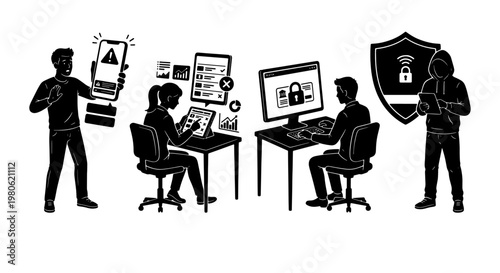 Cybersecurity vector illustration set, black and white data protection scenes, hacker attack and network security concepts, digital privacy icons