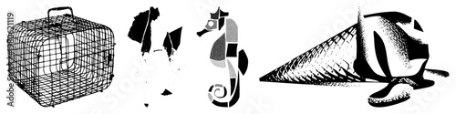 Four vector illustrations featuring a wire pet carrier, abstract bird, seahorse, and fish, rendered in high contrast halftone and glyph styles with transparent backgrounds.