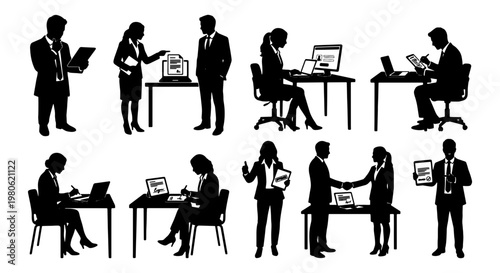 Professional business people silhouettes set, corporate office workers in suits, entrepreneurs working at desks with laptops and shaking hands vector