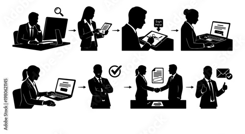 Business workflow process silhouettes, professional recruitment and hiring sequence icons, corporate contract signing and digital communication vector set