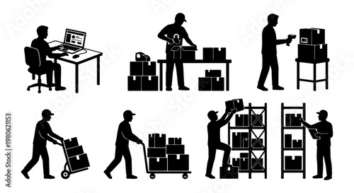 Warehouse worker silhouette set, logistics and distribution center staff icons, industrial shipping and delivery personnel vector collection