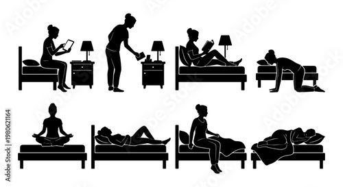 Black silhouette woman in bed set, female character sleeping and reading in bedroom, 8 vector icons of nighttime routine and sleep positions