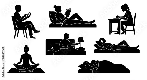 Black silhouette collection of people in bedroom, set of 7 vector icons showing sleeping, reading, and relaxing at home, daily routine activities