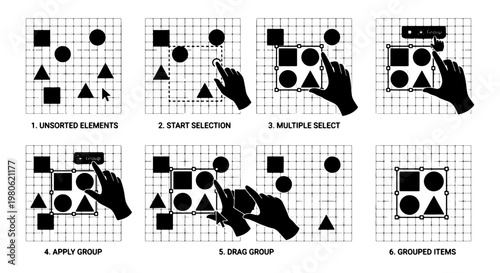 User interface design tutorial infographic, touch screen gesture icons for grouping elements, black and white vector software interaction guide