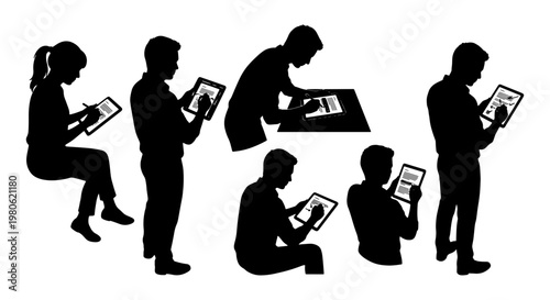 Black silhouettes of people using digital tablets, set of 6 vector figures holding mobile devices, men and women working with stylus pens