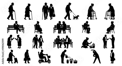 Elderly people silhouettes set, senior citizens walking with canes and walkers, retired men and women gardening and sitting on park benches vector