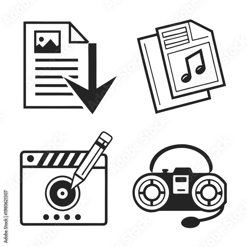 A set of four black and white vector icons representing music, video, and file editing.